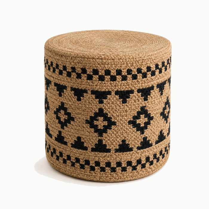 18 by 20 inch tall cylindrical natural jute pouf with black tribal geometric pattern
