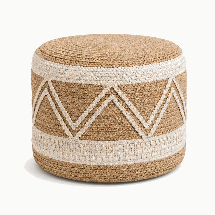 20 inch natural jute pouf with ivory zigzag braided geometric pattern