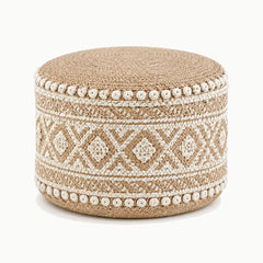 20 inch natural jute round pouf with ornate ivory diamond and bobble details