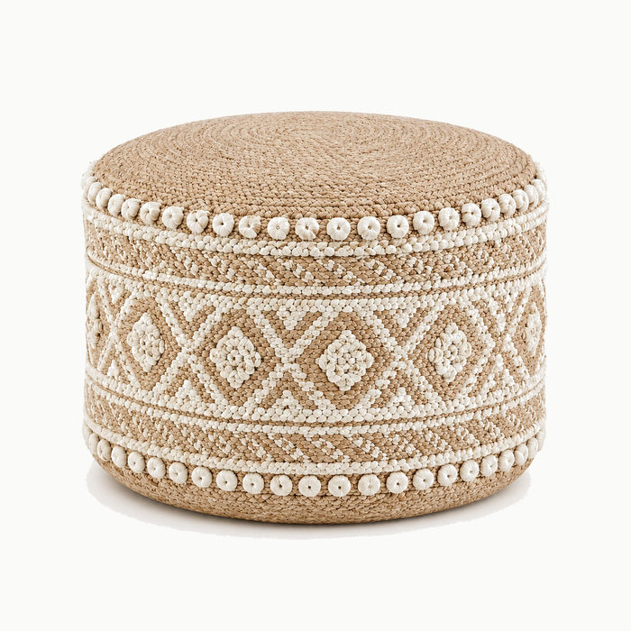 20 inch natural jute round pouf with ornate ivory diamond and bobble details