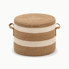 20 inch natural and ivory striped jute storage pouf ottoman with braided handles