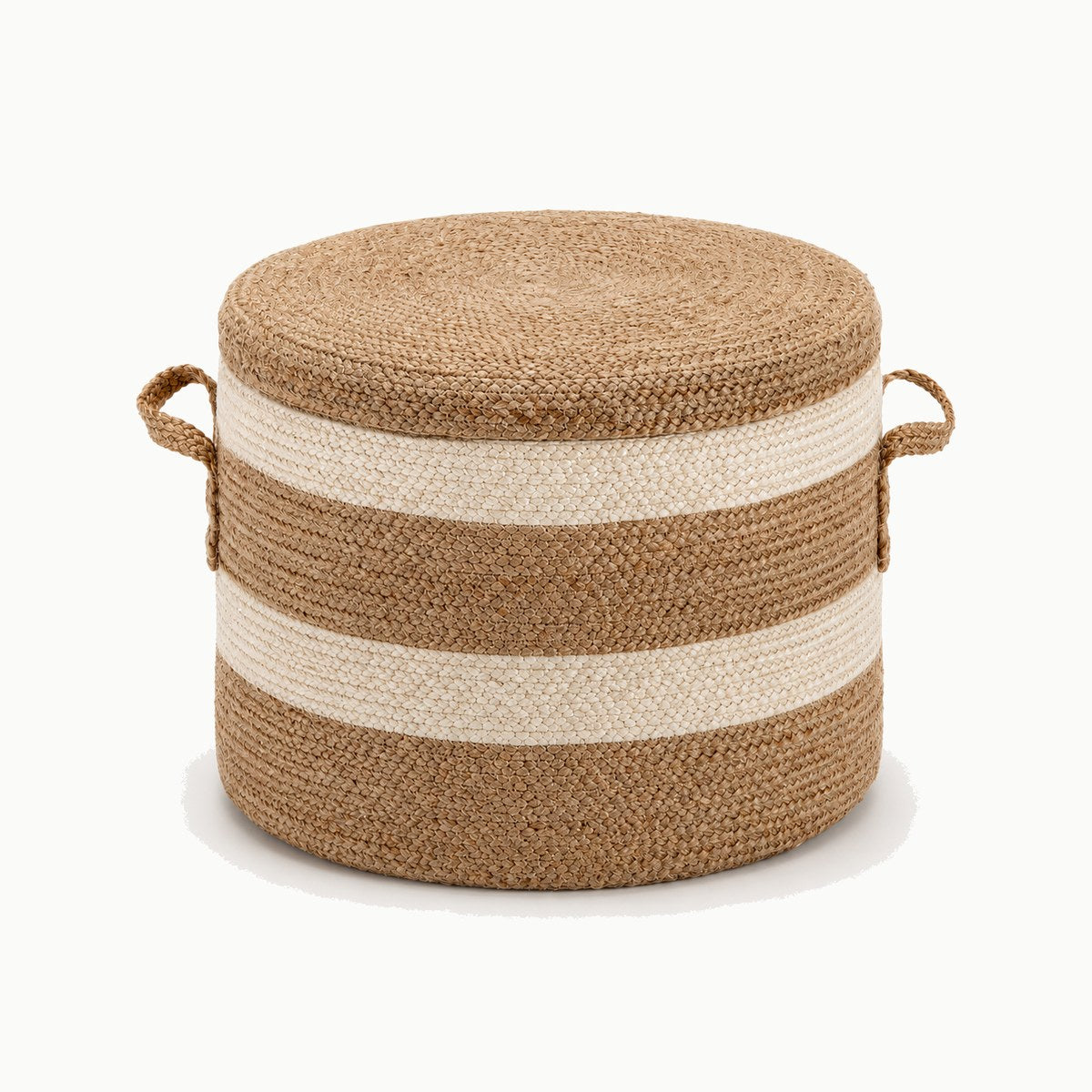 20 inch natural and ivory striped jute storage pouf ottoman with braided handles