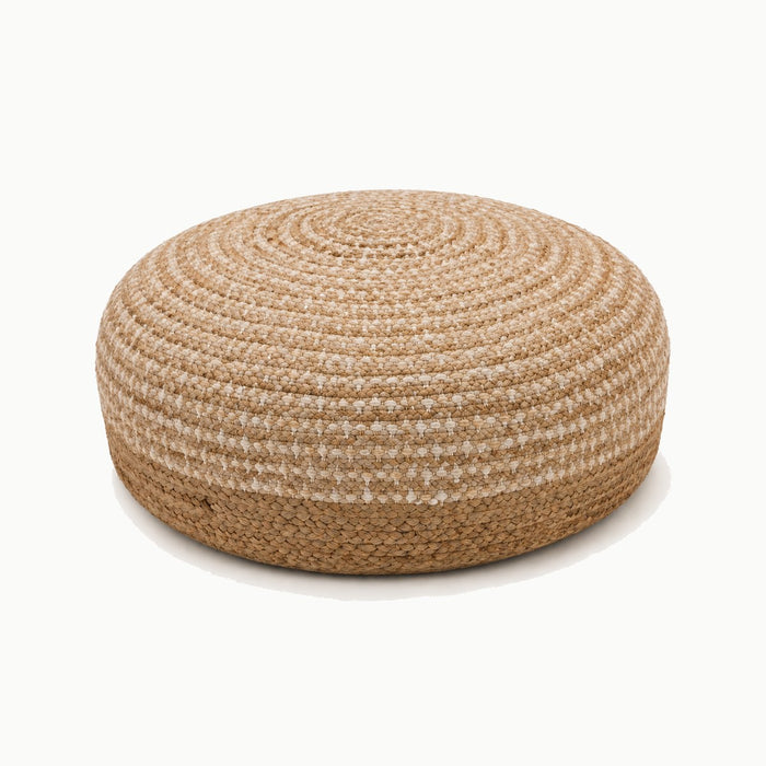 24 inch low round natural jute pouf with subtle ivory woven texture