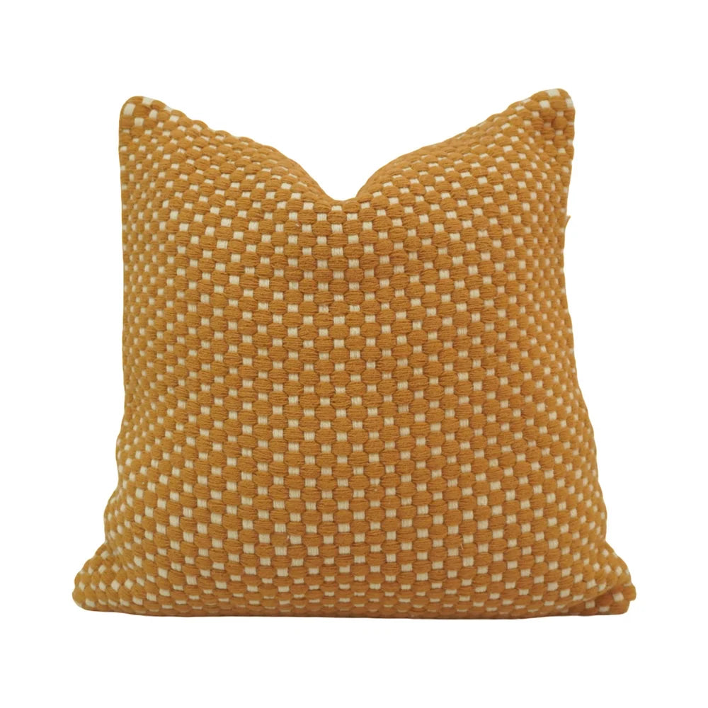 Mustard & Natural Checker-Weave Handwoven Cotton Cushion Cover 45x45 cm