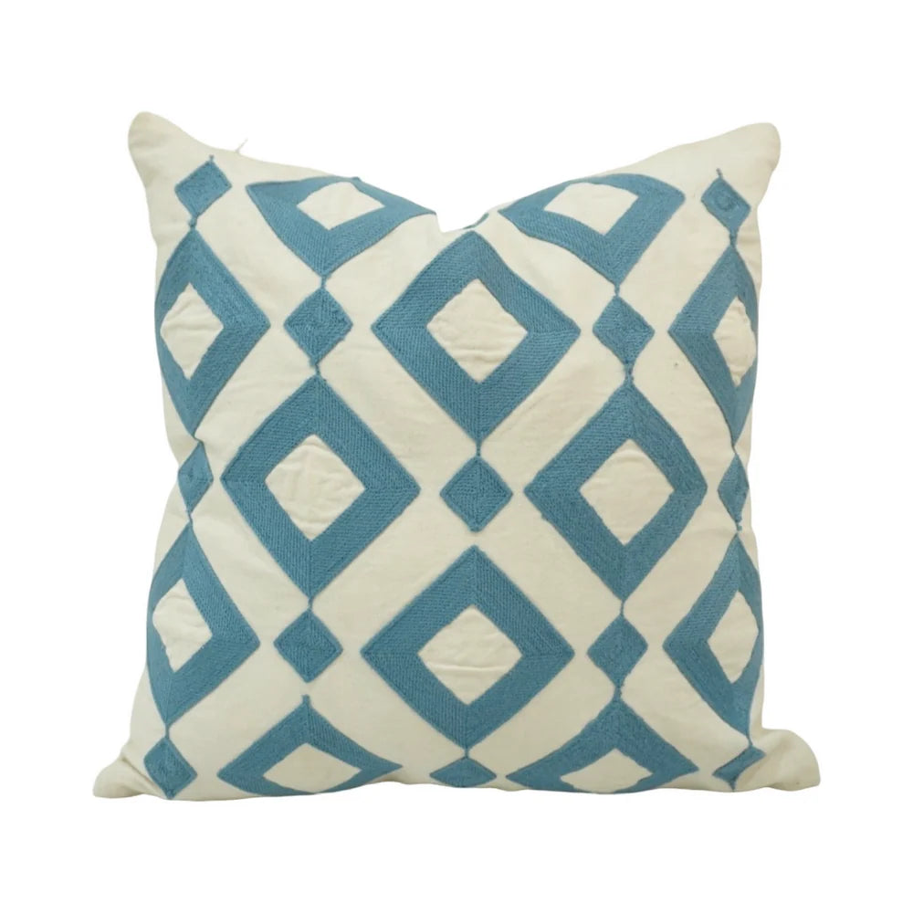 Blue & Off-White Diamond-Geometric Embroidered Cotton Cushion Cover 45x45 cm