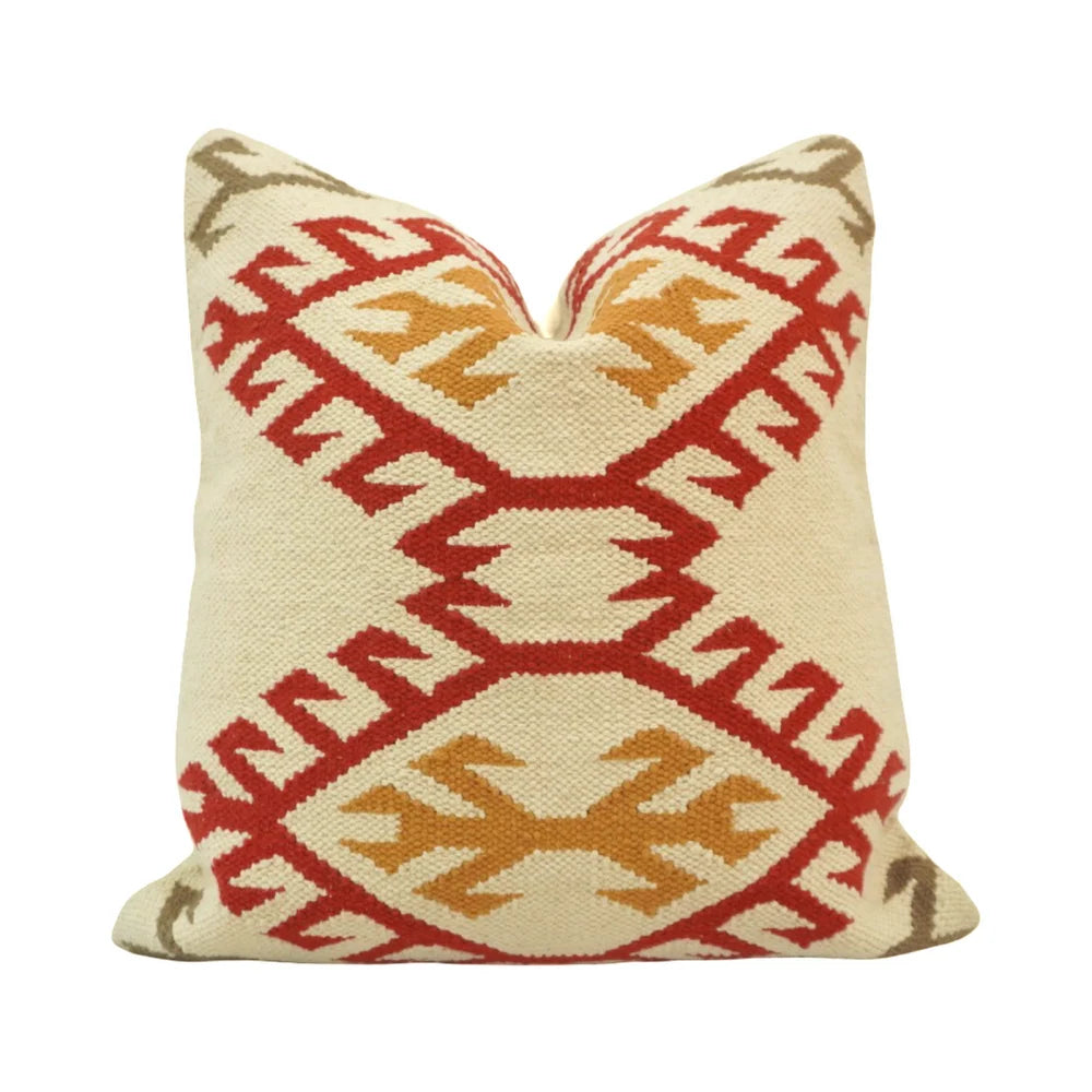 Rust, Mustard & Beige Tribal-Geometric Handwoven Cotton Cushion Cover 45x45 cm