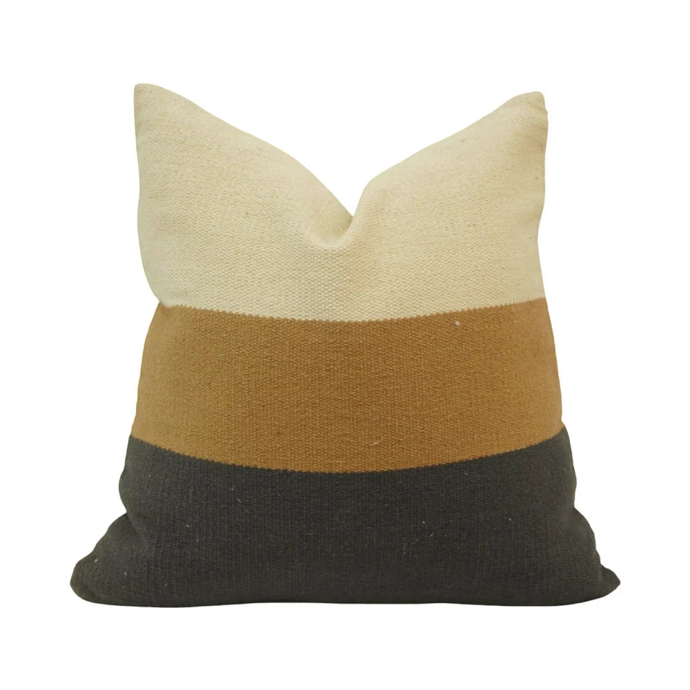 Cream, Camel & Charcoal Colour-Block Woven Cotton Cushion Cover 45x45 cm
