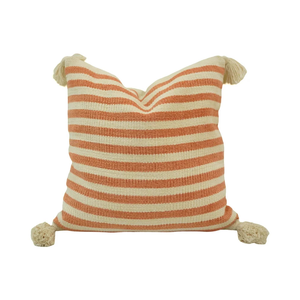 Terracotta & Ivory Horizontal-Stripe Handwoven Cotton Tassel Cushion Cover 45x45 cm