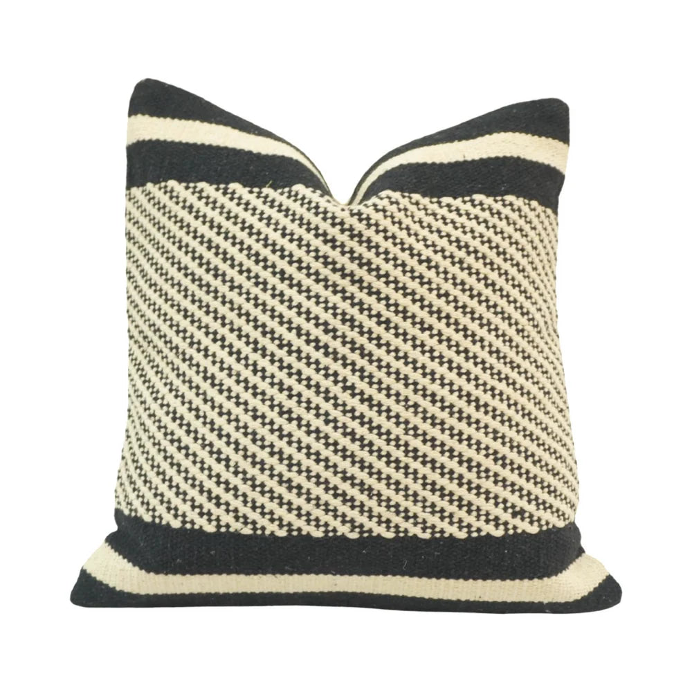 Black & Ivory Linear-Geometric Handwoven Cotton Cushion Cover 45x45 cm