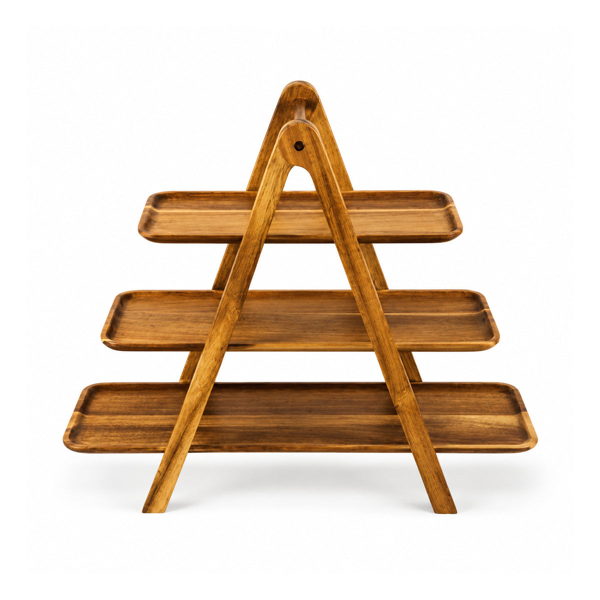 Natural rustic wooden A-frame freestanding display with three rectangular shelves set at graduated widths between angled legs