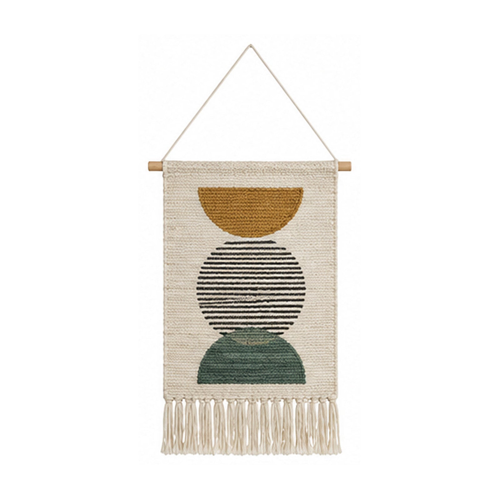 Abstract geometric cotton wall hanging with mustard black and sage shapes