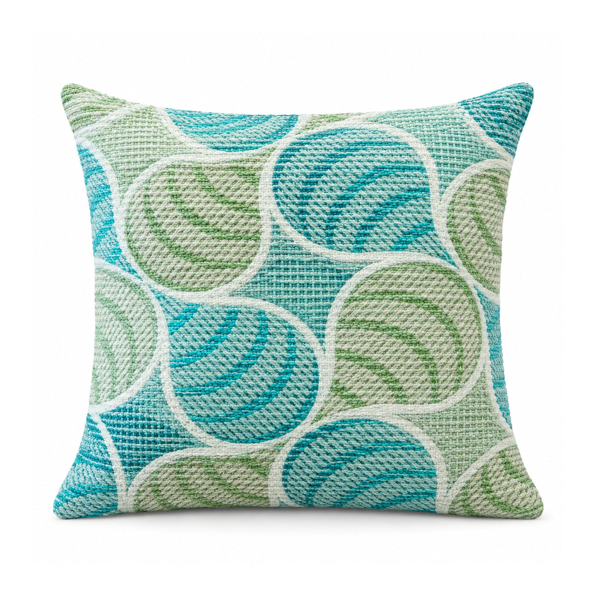 Primeval decorative throw cushion with aqua turquoise and mint green overlapping circular motifs
