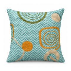 Primeval aqua chevron-patterned cushion cover with mustard, sage and beige retro-inspired circle motifs