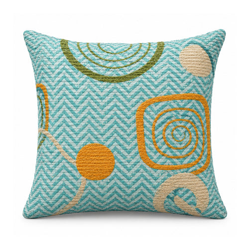 Primeval aqua chevron-patterned cushion cover with mustard, sage and beige retro-inspired circle motifs