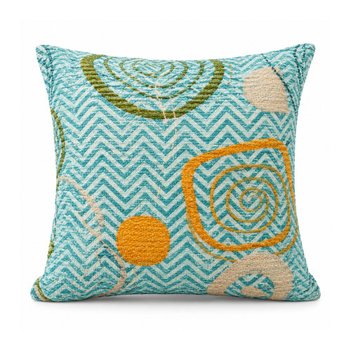Primeval aqua blue cushion cover with fine chevrons and ochre mustard, pink and teal concentric circular swirls