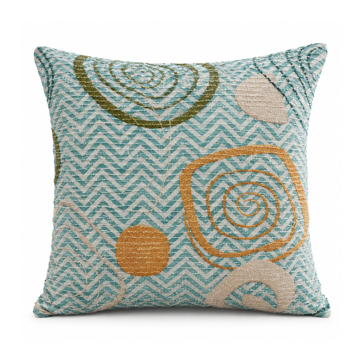 Primeval aqua blue cushion with fine chevron lines and layered turquoise ochre and blush spiral circles