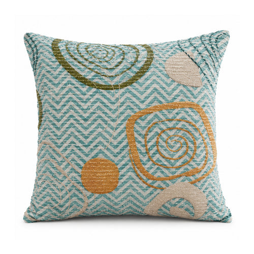 Primeval aqua blue cushion with fine chevron lines and layered turquoise ochre and blush spiral circles