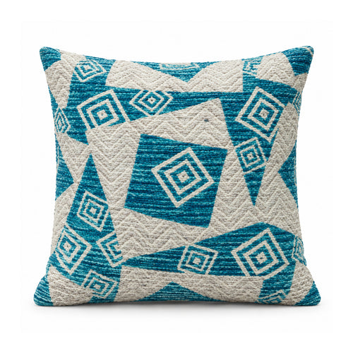 Primeval aqua turquoise and ivory cushion with bold triangular divisions and layered diamond geometric motifs