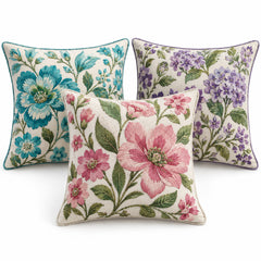 Assorted decorative cushion set with teal purple and pink botanical floral designs
