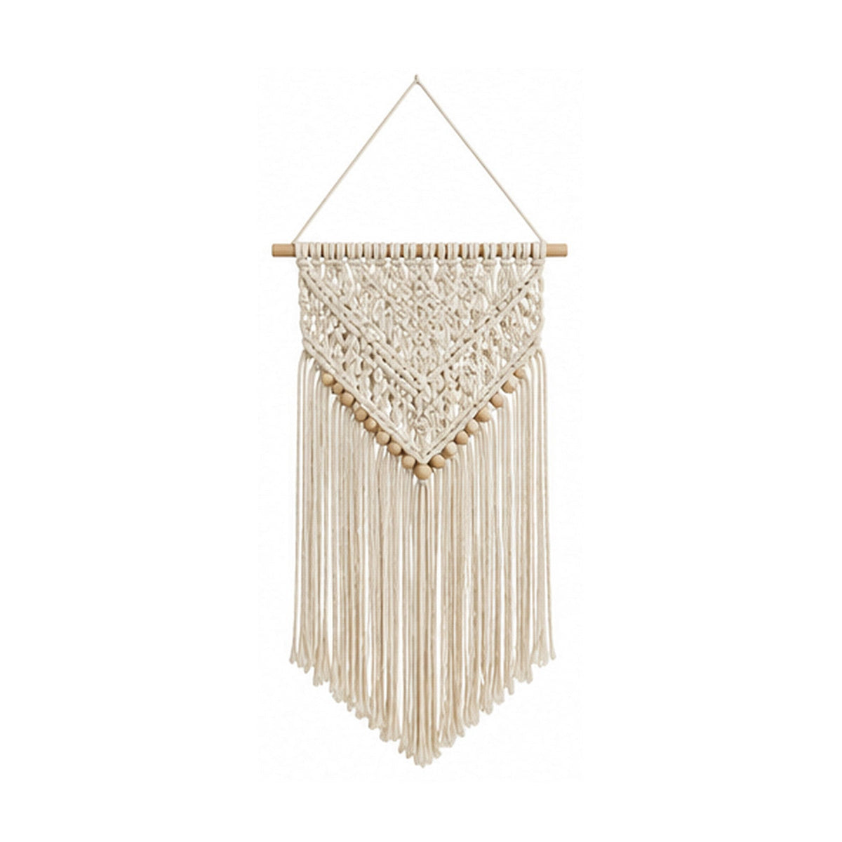 Beaded ivory cotton macrame wall hanging with diamond knotwork and fringe