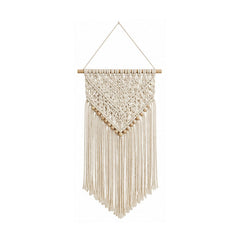Beaded ivory cotton macrame wall hanging with diamond knotwork and fringe