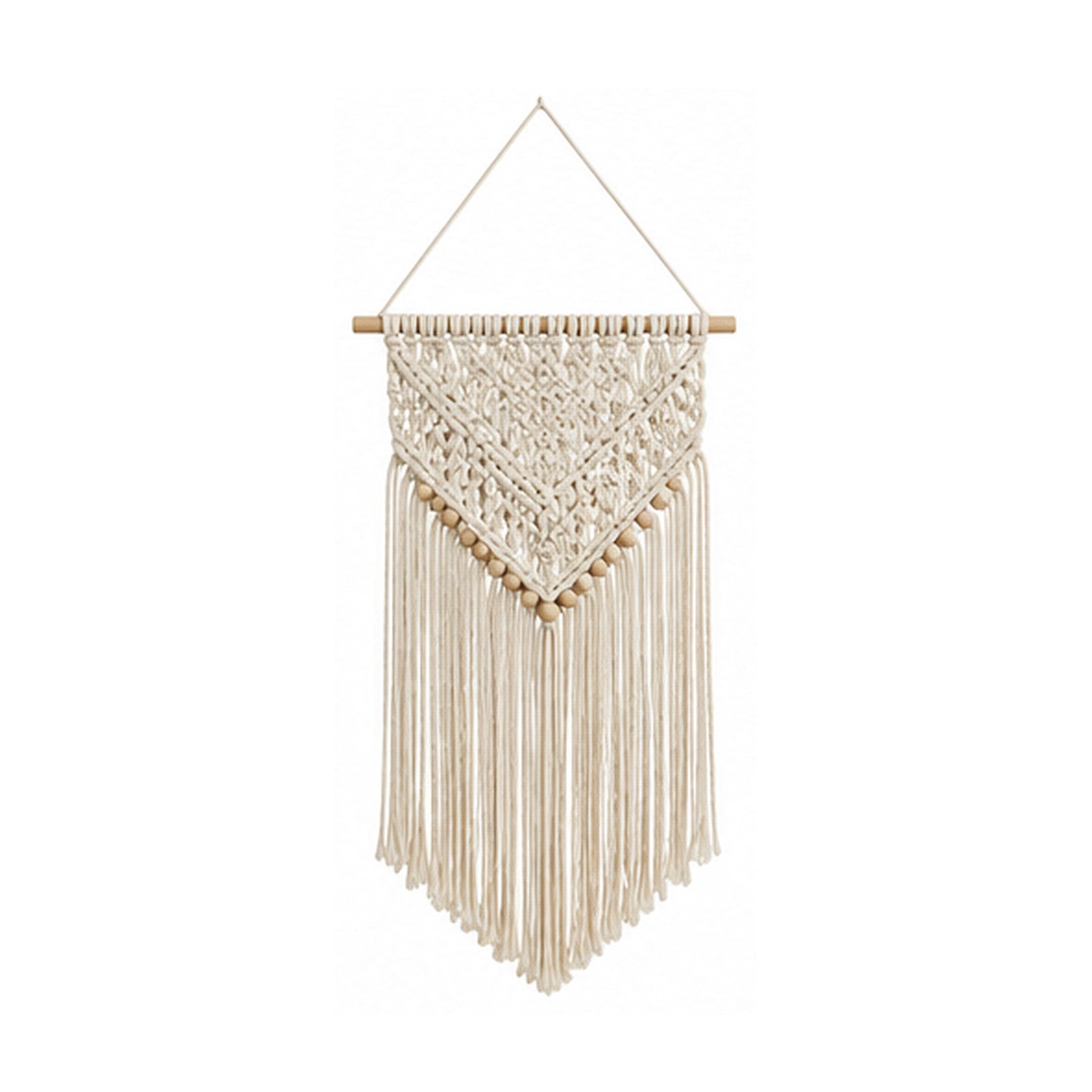 Beaded ivory cotton macrame wall hanging with diamond knotwork and fringe