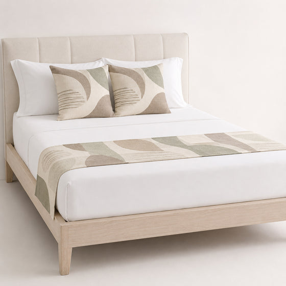 Beige abstract geometric block bed runner styled on white bedding for wholesale contemporary hotel and private-label bedroom sourcing