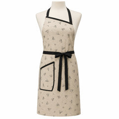 Primeval beige chef apron with black geometric print displayed on a dress form