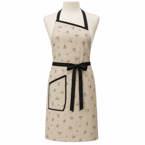 Primeval beige chef apron with black geometric print displayed on a dress form