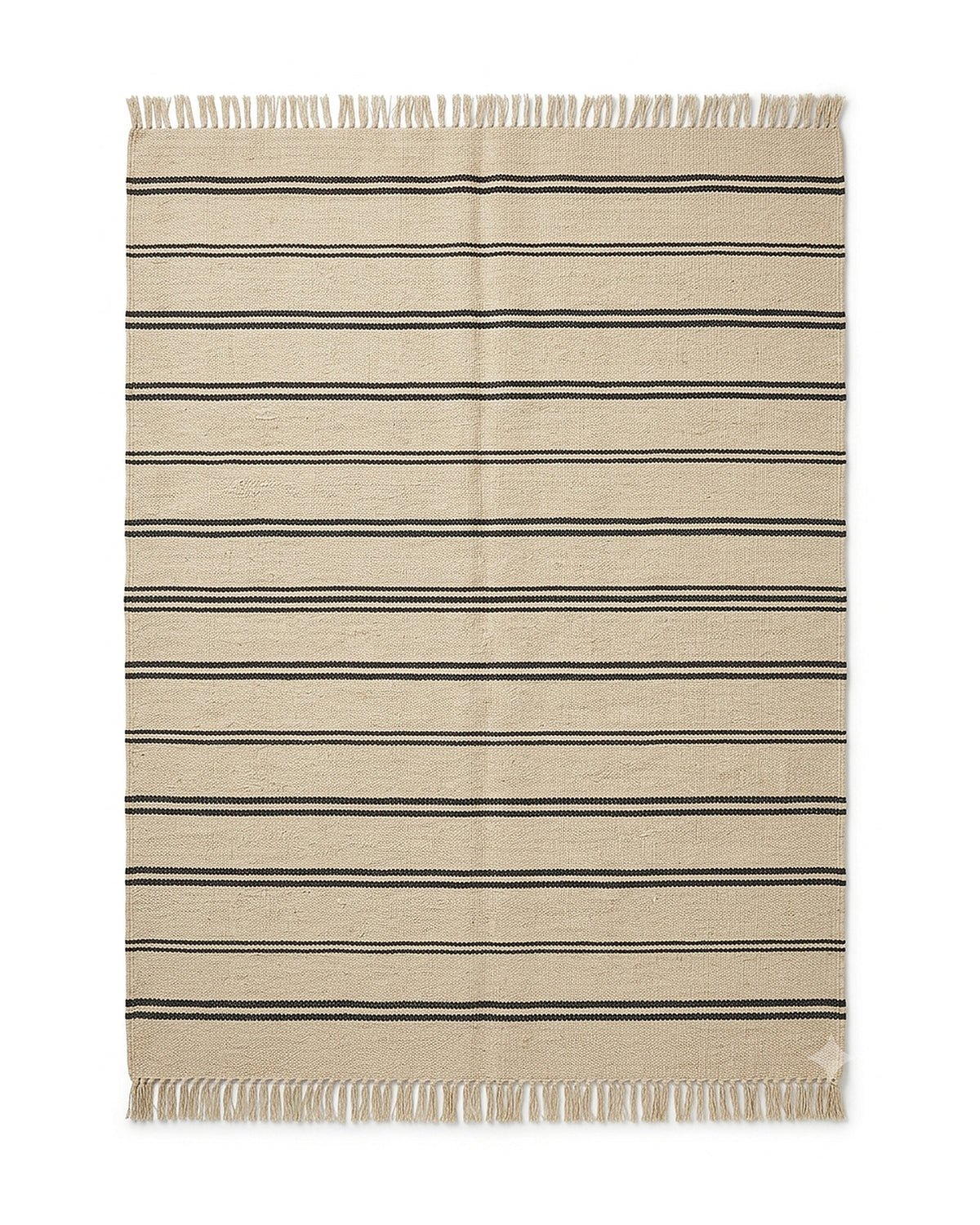 Beige and black minimal stripe flatweave-style rug with fringe by Primeval