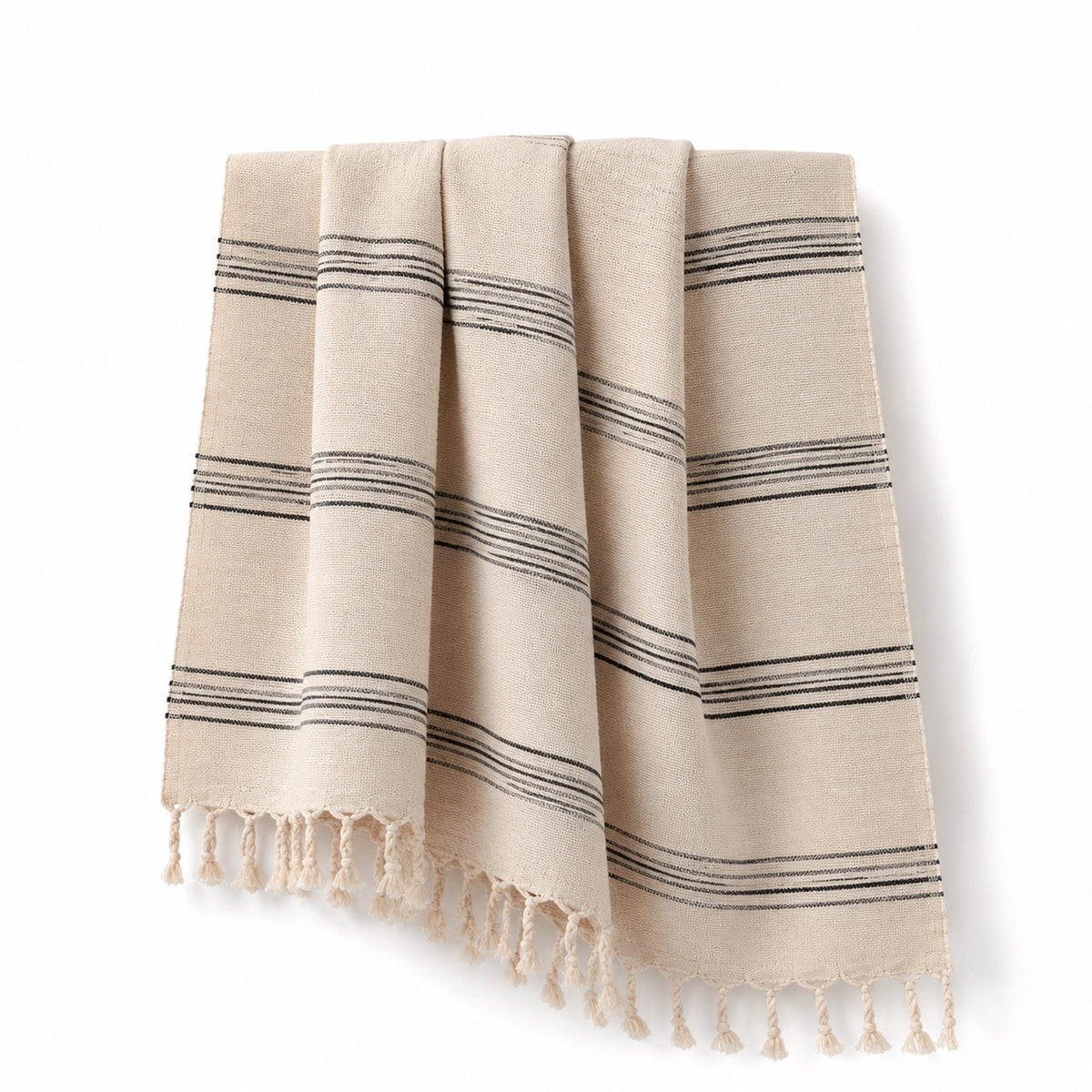 Beige and black striped fringed Turkish cotton hammam towel 90x180 cm on white background