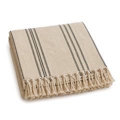 Beige and black striped handwoven cotton throw with fringe 130×170 cm by Primeval
