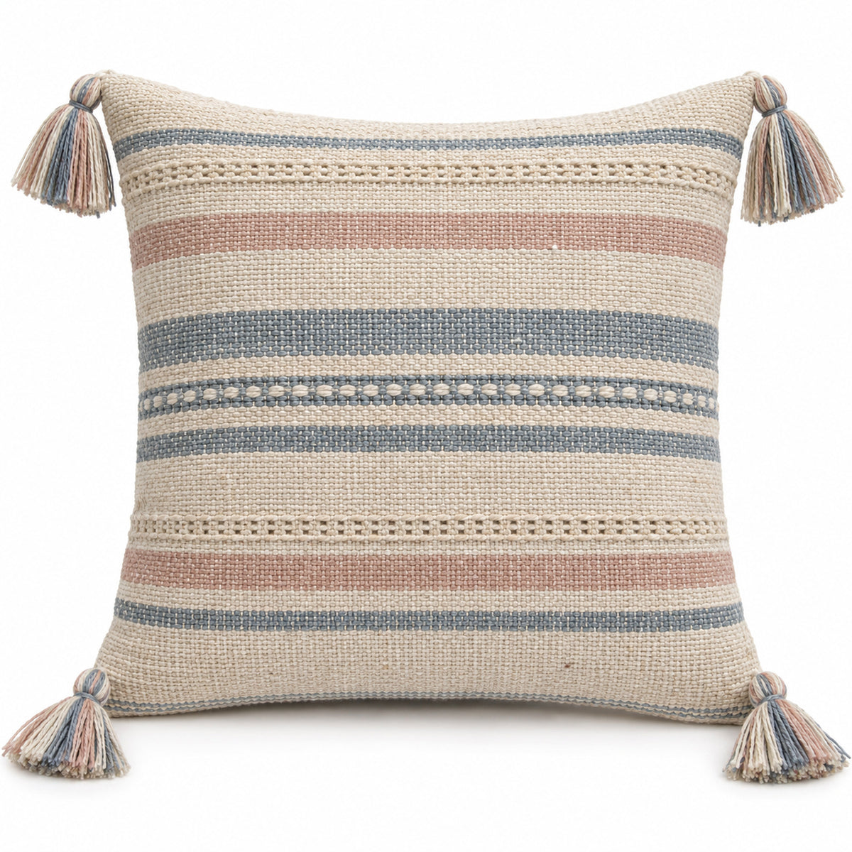 Handwoven Cotton Cushion Cover 45x45 cm – Striped Textured Design with Tassel Corners