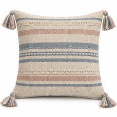 Handwoven Cotton Cushion Cover 45x45 cm – Striped Textured Design with Tassel Corners