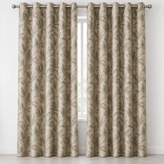 Beige botanical leaf pattern blackout curtains with grommet top - Primeval
