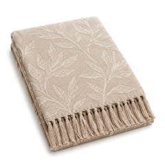 Beige botanical leaf jacquard cotton throw with fringe 130×170 cm by Primeval