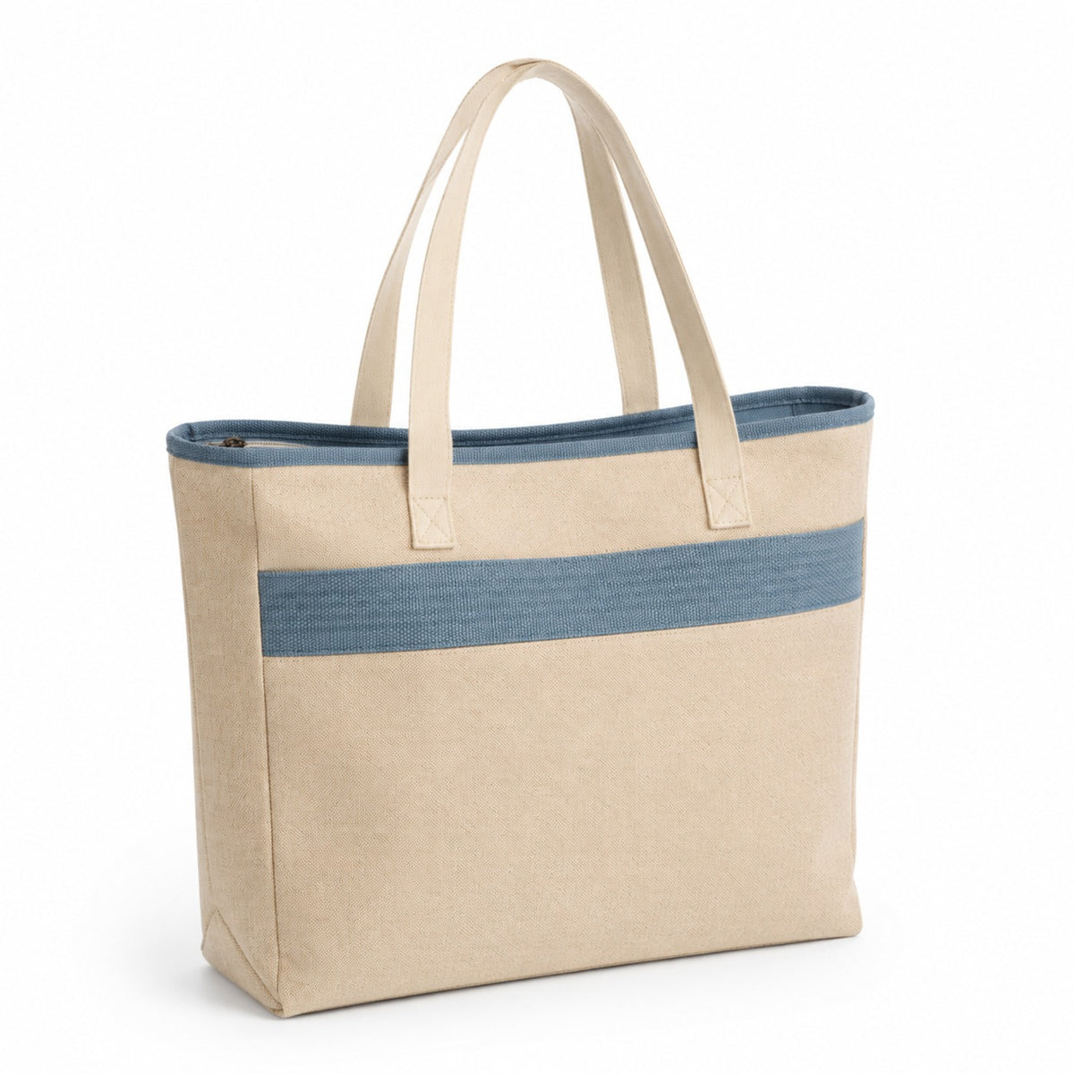 Beige canvas tote bag with dusty blue woven accent band and matching top trim on a white background.