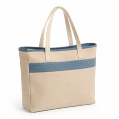 Beige canvas tote bag with dusty blue woven accent band and matching top trim on a white background.