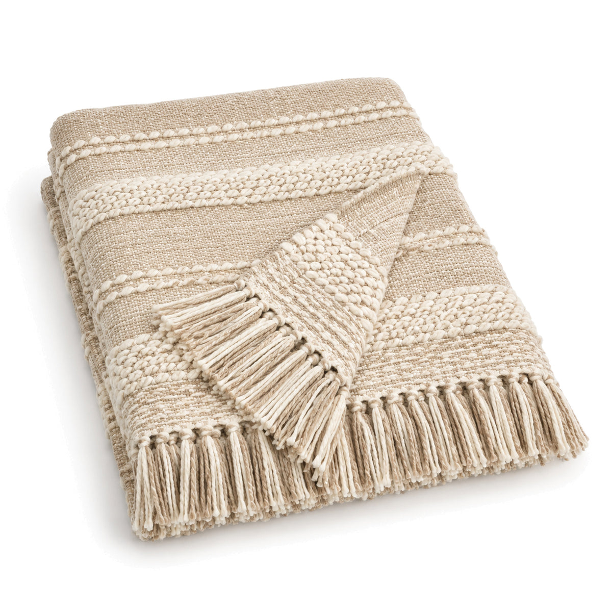 Beige and cream artisan banded woven cotton throw with fringe 130×170 cm by Primeval