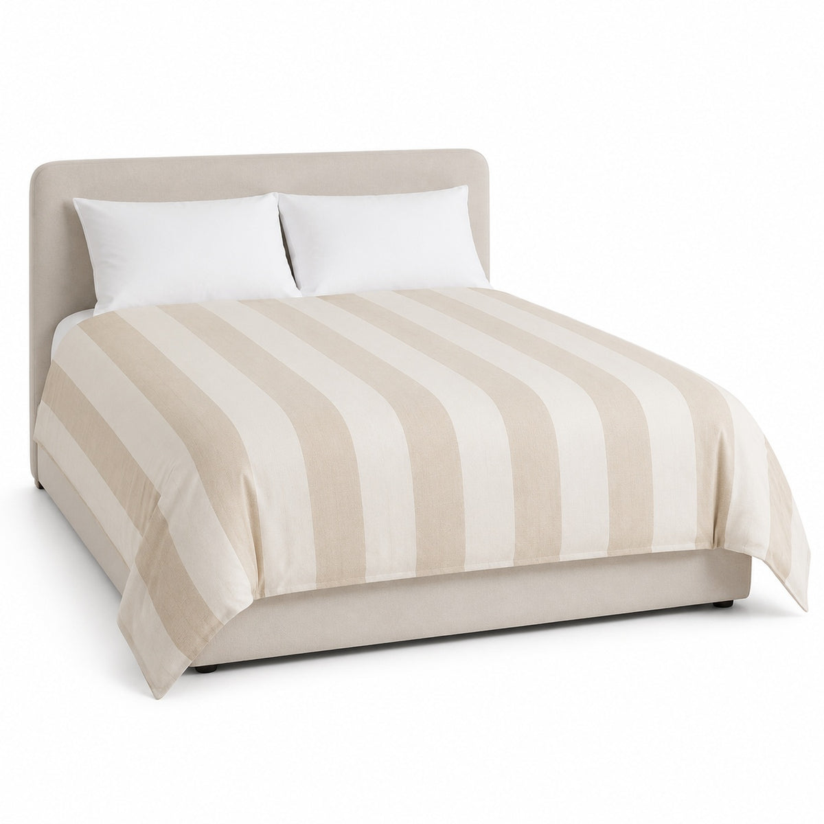 Primeval beige cream broad stripe duvet cover displayed on a styled bed against a clean white studio background