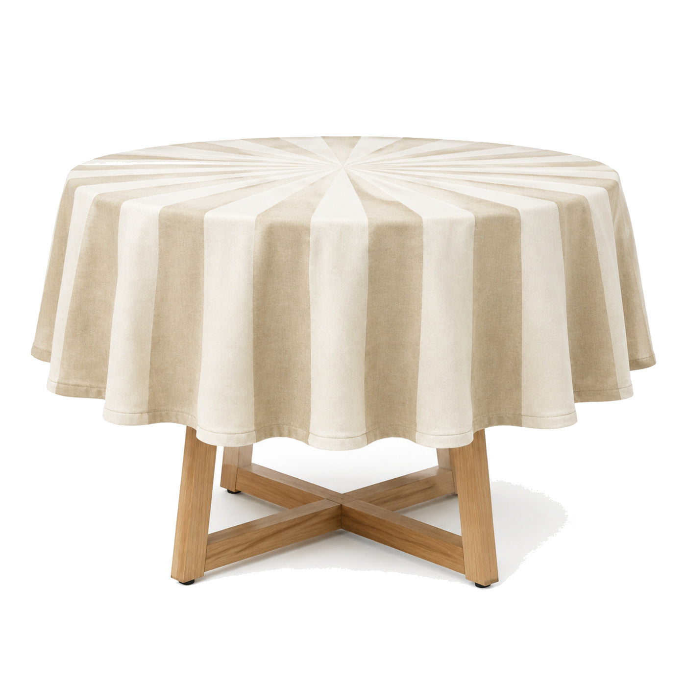 Primeval beige cream broad stripe tablecloth displayed on a round dining table