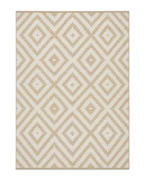 Beige and cream flatweave area rug with repeating geometric diamond pattern on a white background.