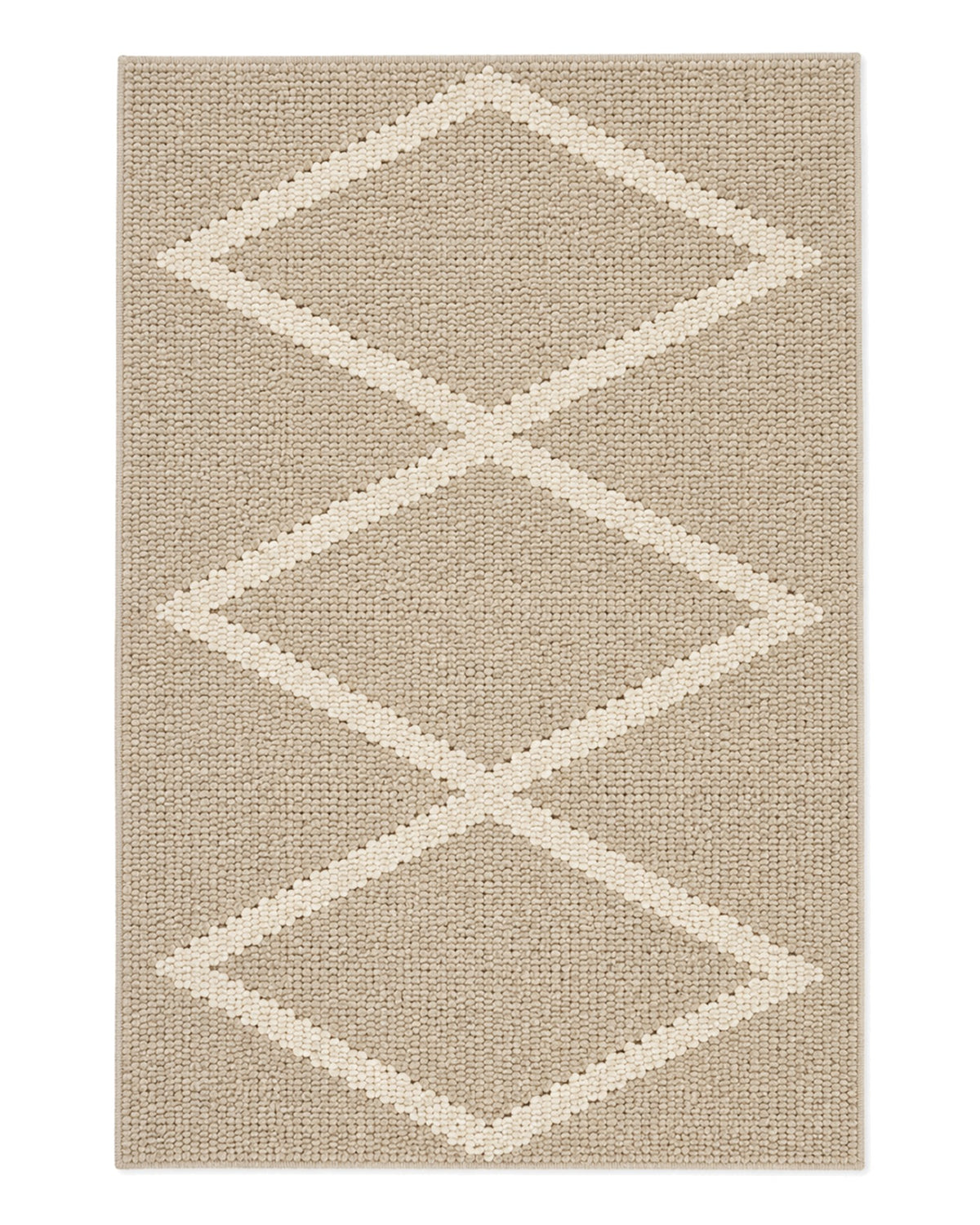 Beige and cream loop-pile area rug with stacked diamond outlines on a white background.
