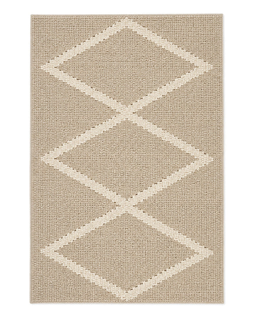 Beige and cream loop-pile area rug with stacked diamond outlines on a white background.