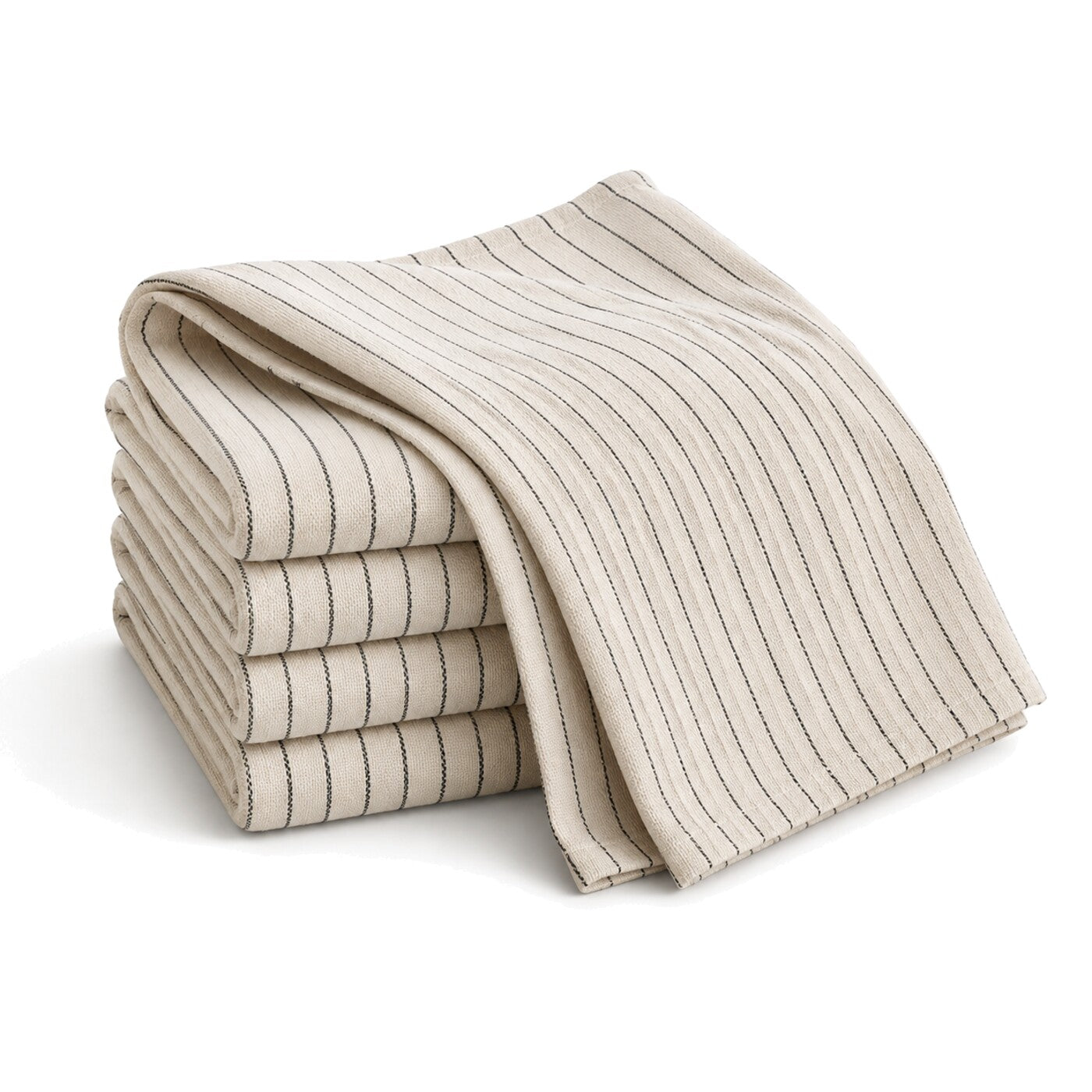 Primeval beige and cream fine pinstripe cotton kitchen towel set in folded studio presentation