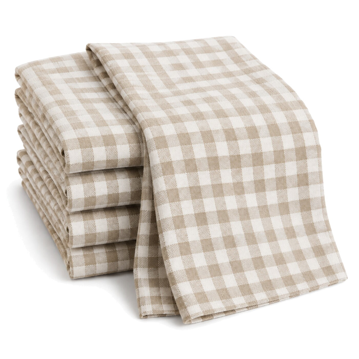 Primeval beige and cream gingham check cotton kitchen towel set in folded studio presentation