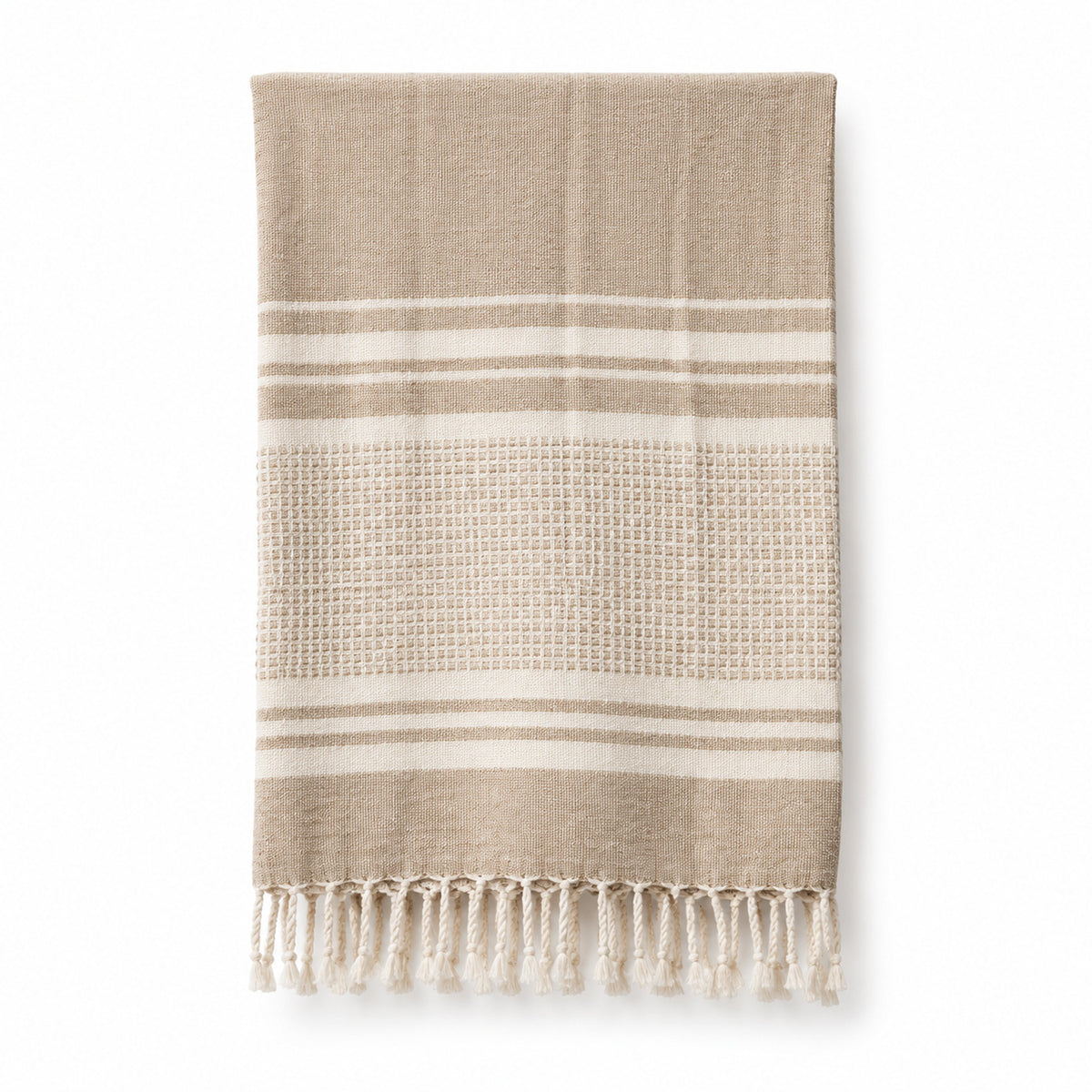 Beige and cream striped fringed cotton hammam towel 90x180 cm on white background