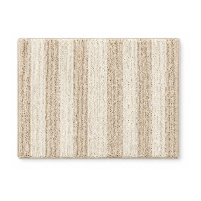 Beige and cream striped plush bath mat on white background