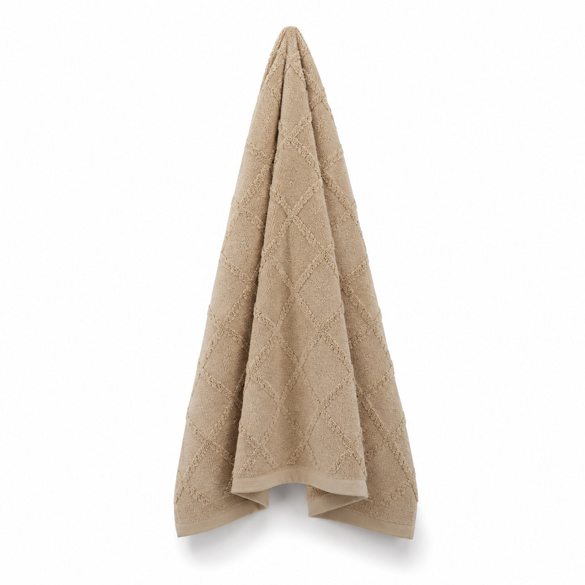 Beige diamond tufted cotton bath towel 70x140 cm on white background