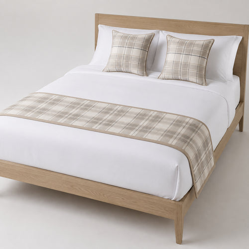 Beige and grey plaid bed runner styled on white bedding for wholesale hotel, hospitality and private-label bedroom sourcing